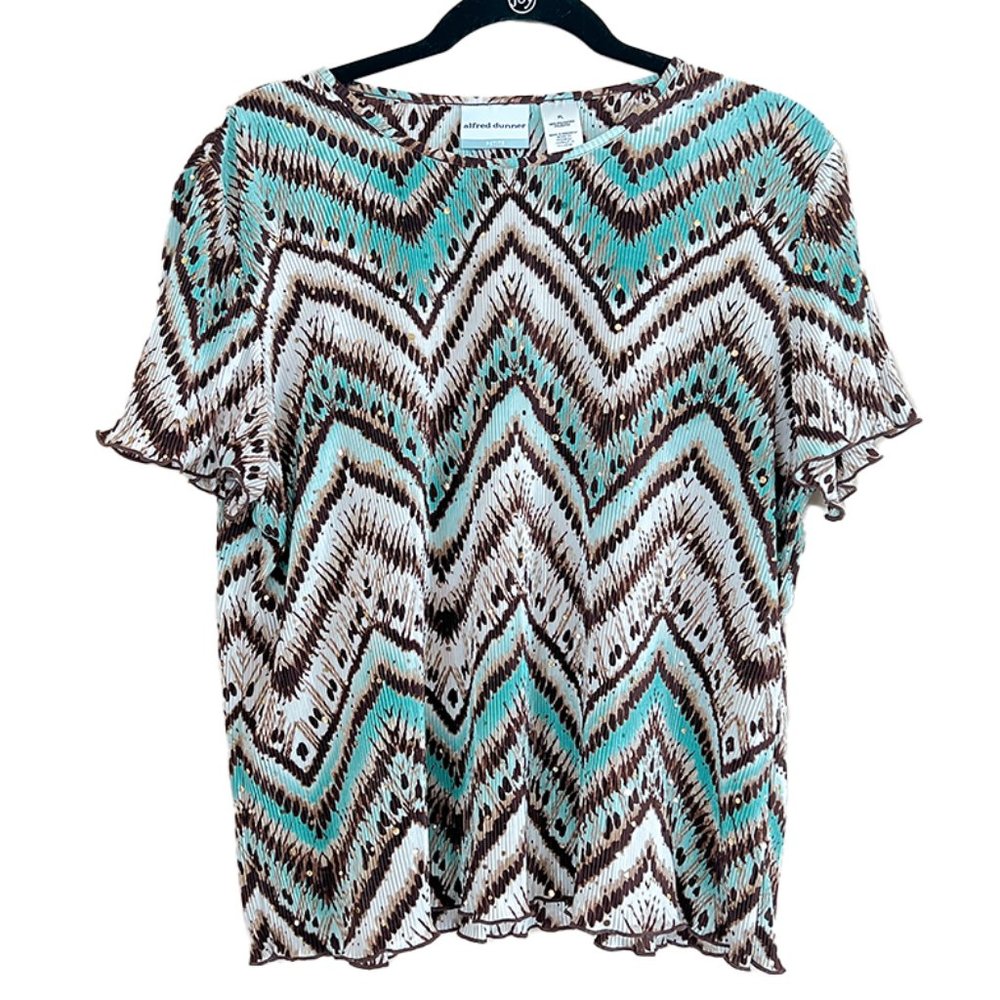 Alfred Dunner Teal and Brown Petite Large Short Sleeved Blouse